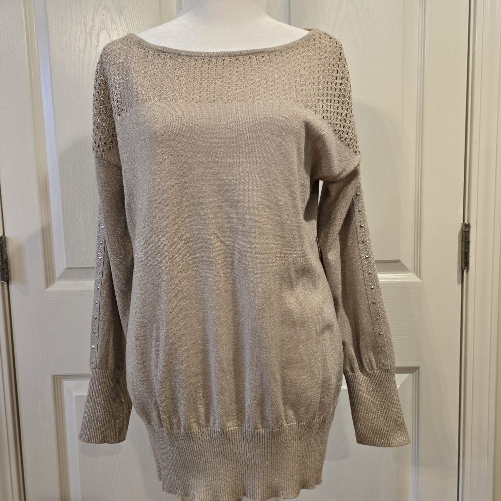 Cache Taupe Fine Knit Sweater with Gold Glitter - Women's Large